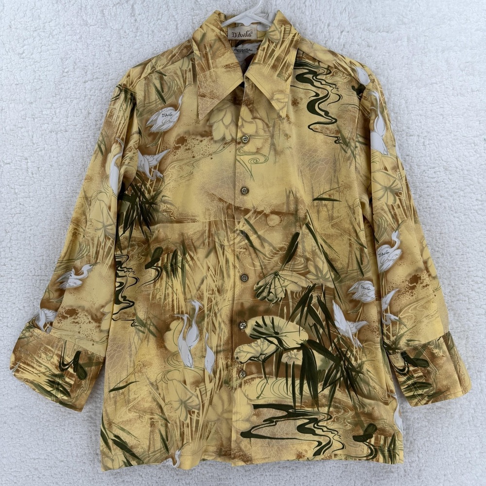 D'Avila Shirt Mens Medium Yellow Bird Print Hawaiian Long Sleeve Button Up Disco